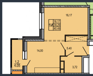 Однокомнатная квартира 40.49 м²