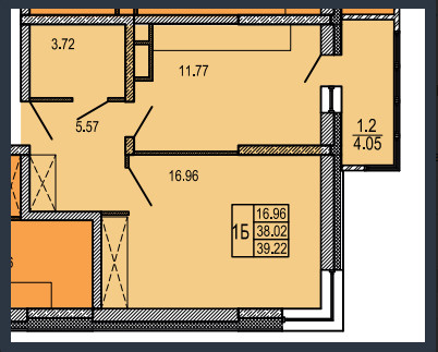 Однокомнатная квартира 39.22 м²